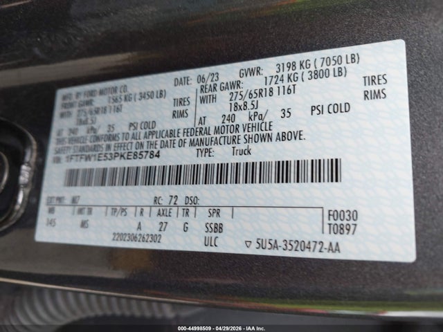 Aukcja sprzedaży 2023 Ford F-150 Xlt, vin: 1FTFW1E53PKE85784, numer aukcji: 44998509
