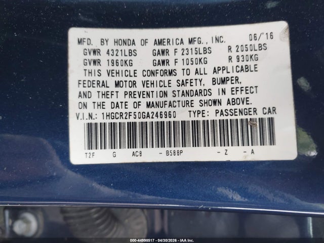 Продаж на аукціоні авто 2016 Honda Accord Sport, vin: 1HGCR2F50GA246960, номер лоту: 44998517