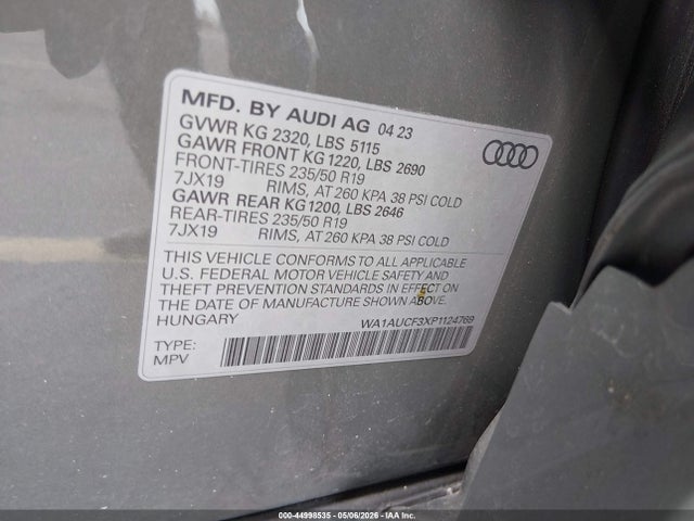 44998535 :رقم المزاد ، WA1AUCF3XP1124769 vin ، 2023 Audi Q3 Premium 40 Tfsi Quattro Tiptronic مزاد بيع