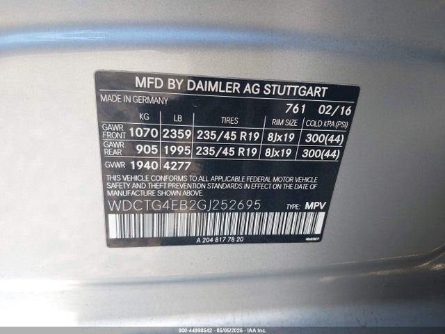 2016 Mercedes-benz Gla 250 მანქანა იყიდება აუქციონზე, vin: WDCTG4EB2GJ252695, აუქციონის ნომერი: 44998542