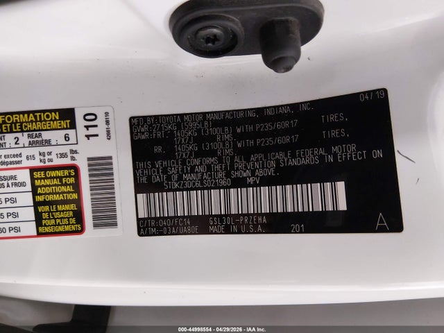 44998554 :رقم المزاد ، 5TDKZ3DC6LS021960 vin ، 2020 Toyota Sienna Le مزاد بيع