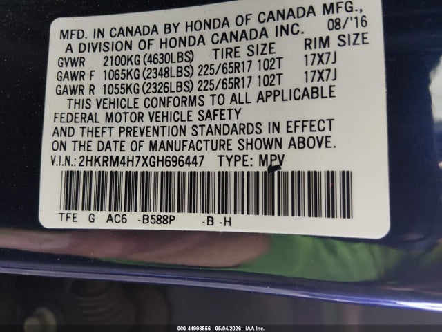 2016 Honda Cr-v Ex-l მანქანა იყიდება აუქციონზე, vin: 2HKRM4H7XGH696447, აუქციონის ნომერი: 44998556