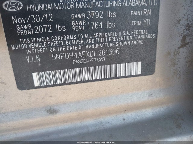 Aukcja sprzedaży 2013 Hyundai Elantra Gls, vin: 5NPDH4AEXDH261396, numer aukcji: 44998557