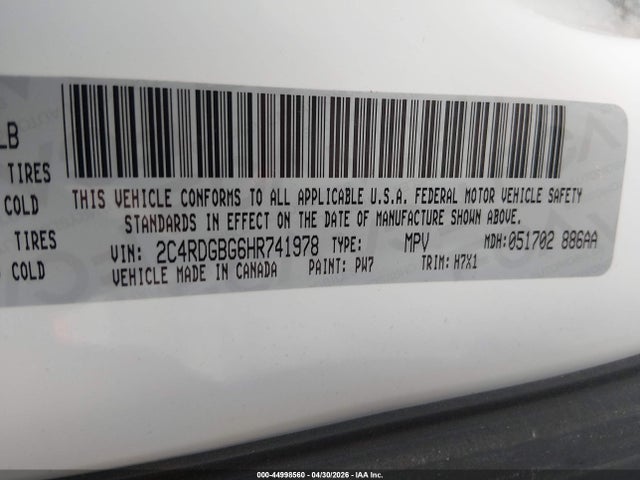 2017 Dodge Grand Caravan Se მანქანა იყიდება აუქციონზე, vin: 2C4RDGBG6HR741978, აუქციონის ნომერი: 44998560