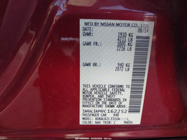 Aukcja sprzedaży 2015 Nissan Altima 2.5 Sv, vin: 1N4AL3AP4FC162252, numer aukcji: 44998564