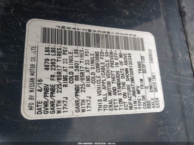 JN8AT2MV3GW130346 Nissan ROGUE S