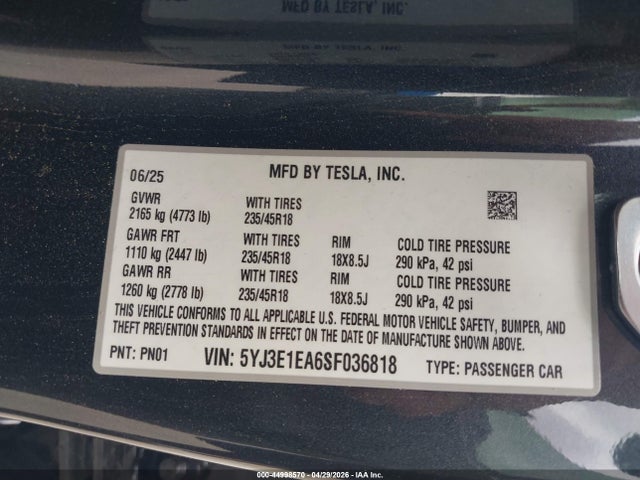 Продажа на аукционе авто 2025 Tesla Model 3 Long Range Rear-wheel Drive/standard Rear-wheel Drive, vin: 5YJ3E1EA6SF036818, номер лота: 44998570