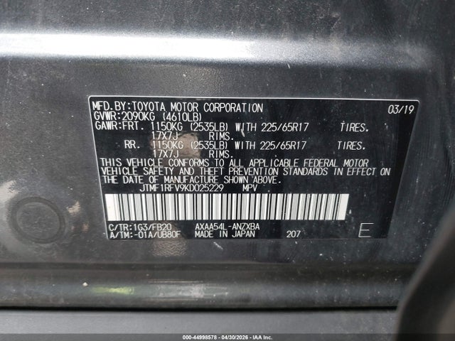 44998578 :رقم المزاد ، JTMF1RFV9KD025229 vin ، 2019 Toyota Rav4 Le مزاد بيع