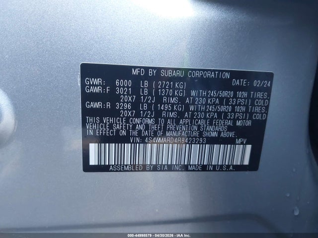 Продаж на аукціоні авто 2024 Subaru Ascent Limited 8-passenger, vin: 4S4WMARD4R3423293, номер лоту: 44998579