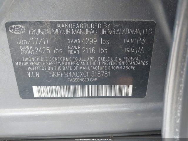 Продажа на аукционе авто 2012 Hyundai Sonata Gls, vin: 5NPEB4ACXCH318781, номер лота: 44998580