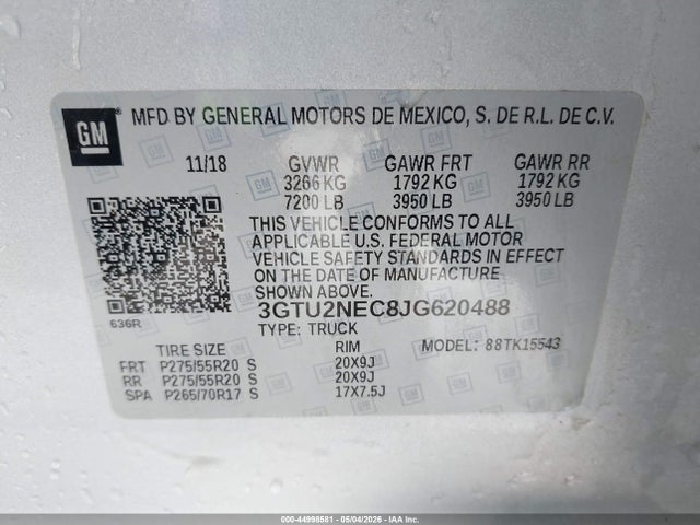 Продаж на аукціоні авто 2018 Gmc Sierra 1500 Slt, vin: 3GTU2NEC8JG620488, номер лоту: 44998581