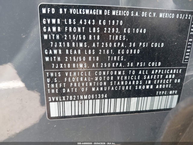 Aukcja sprzedaży 2022 Volkswagen Taos 1.5t Se, vin: 3VVLX7B21NM061394, numer aukcji: 44998589