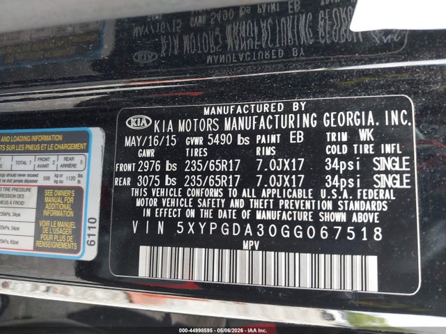 44998595 :رقم المزاد ، 5XYPGDA30GG067518 vin ، 2016 Kia Sorento 2.4l Lx مزاد بيع