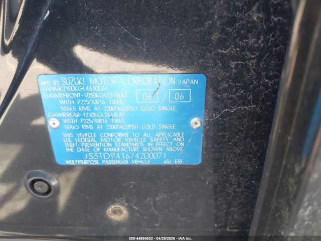 2007 Suzuki Grand Vitara მანქანა იყიდება აუქციონზე, vin: JS3TD941674200071, აუქციონის ნომერი: 44998602