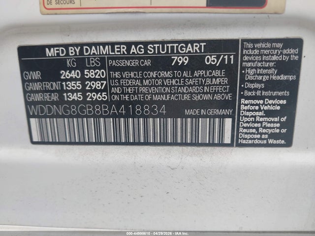 44998610 :رقم المزاد ، WDDNG8GB8BA418834 vin ، 2011 Mercedes-benz S 550 4matic مزاد بيع