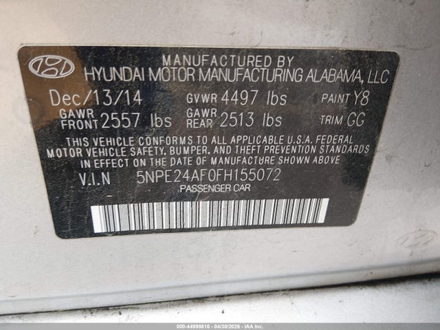 Aukcja sprzedaży 2015 Hyundai Sonata Se, vin: 5NPE24AF0FH155072, numer aukcji: 44998616