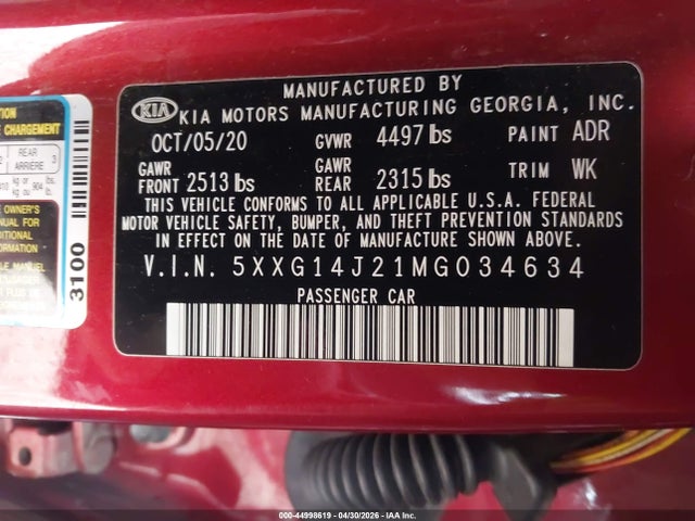 Продаж на аукціоні авто 2021 Kia K5 Lxs, vin: 5XXG14J21MG034634, номер лоту: 44998619