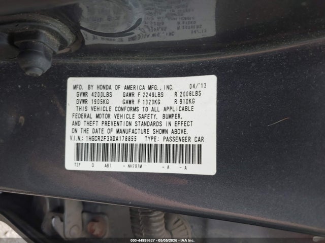 44998627 :رقم المزاد ، 1HGCR2F3XDA178855 vin ، 2013 Honda Accord Lx مزاد بيع