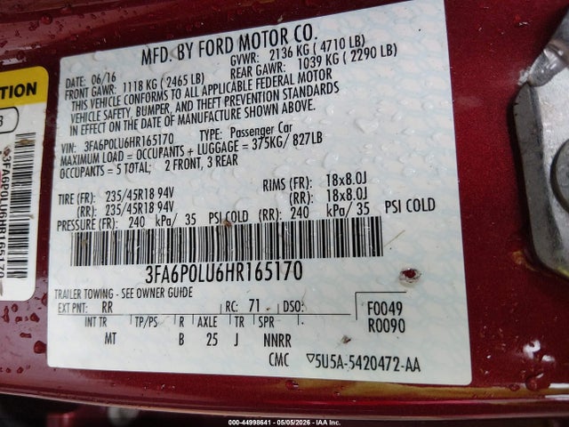 Продаж на аукціоні авто 2017 Ford Fusion Hybrid Se, vin: 3FA6P0LU6HR165170, номер лоту: 44998641