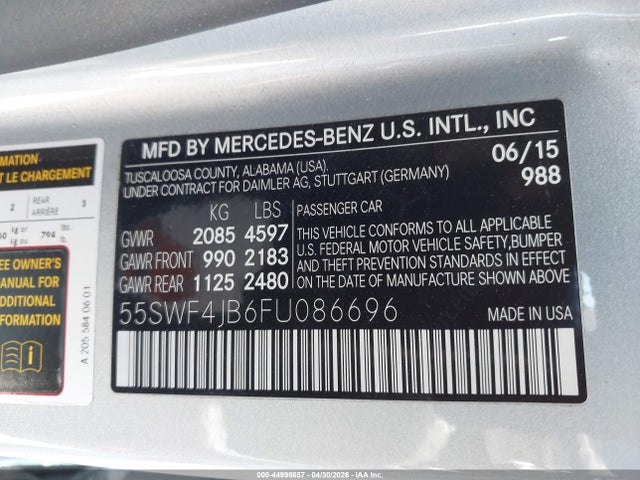 Aukcja sprzedaży 2015 Mercedes-benz C 300 Sport, vin: 55SWF4JB6FU086696, numer aukcji: 44998657