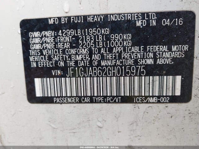 2016 Subaru Impreza 2.0i Premium მანქანა იყიდება აუქციონზე, vin: JF1GJAB62GH015975, აუქციონის ნომერი: 44998664