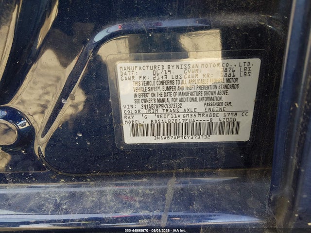 2019 Nissan Sentra S მანქანა იყიდება აუქციონზე, vin: 3N1AB7AP9KY373732, აუქციონის ნომერი: 44998670