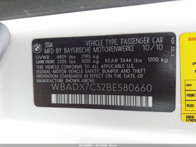 Aukcja sprzedaży 2011 Bmw 335i, vin: WBADX7C52BE580660, numer aukcji: 44998671