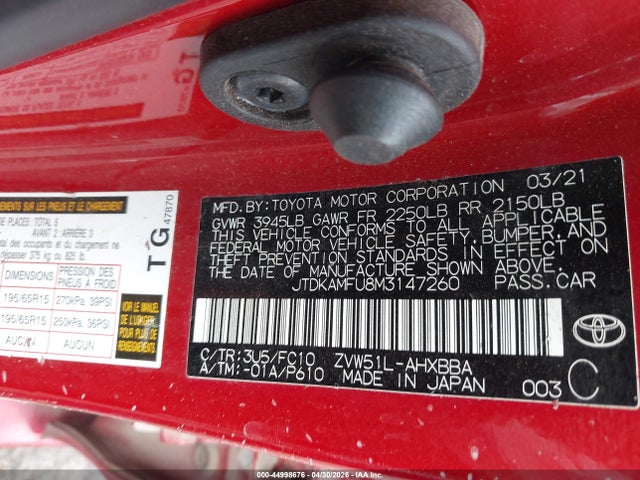 44998676 :رقم المزاد ، JTDKAMFU8M3147260 vin ، 2021 Toyota Prius L Eco مزاد بيع