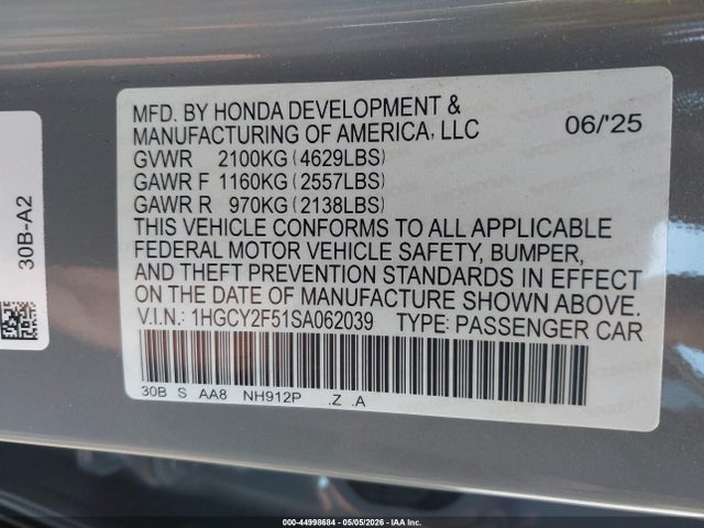 Aukcja sprzedaży 2025 Honda Accord Hybrid Sport, vin: 1HGCY2F51SA062039, numer aukcji: 44998684