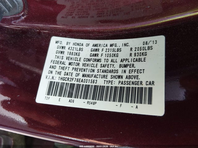 44998690 :رقم المزاد ، 1HGCR2F76EA001563 vin ، 2014 Honda Accord Ex مزاد بيع