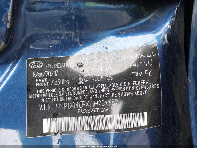 44998694 :رقم المزاد ، 5NPD84LFXHH207382 vin ، 2017 Hyundai Elantra Se مزاد بيع