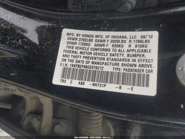 Продажа на аукционе авто 2012 Honda Civic Ex-l, vin: 19XFB2F96CE076212, номер лота: 44998696