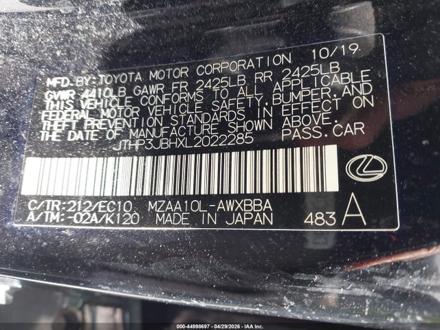 Aukcja sprzedaży 2020 Lexus Ux 200, vin: JTHP3JBHXL2022285, numer aukcji: 44998697
