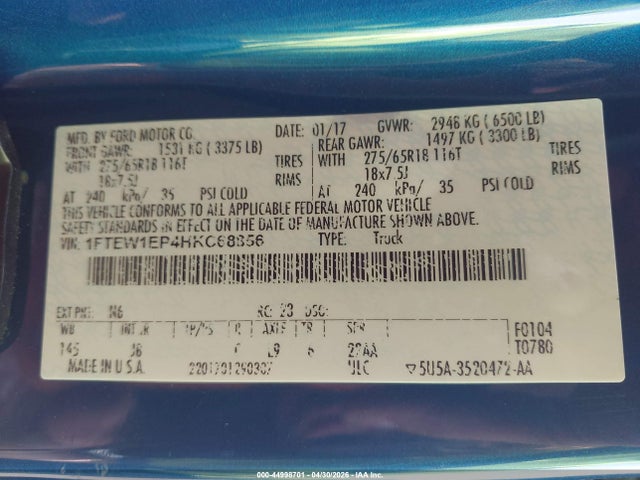 2017 Ford F-150 Xlt მანქანა იყიდება აუქციონზე, vin: 1FTEW1EP4HKC68856, აუქციონის ნომერი: 44998701