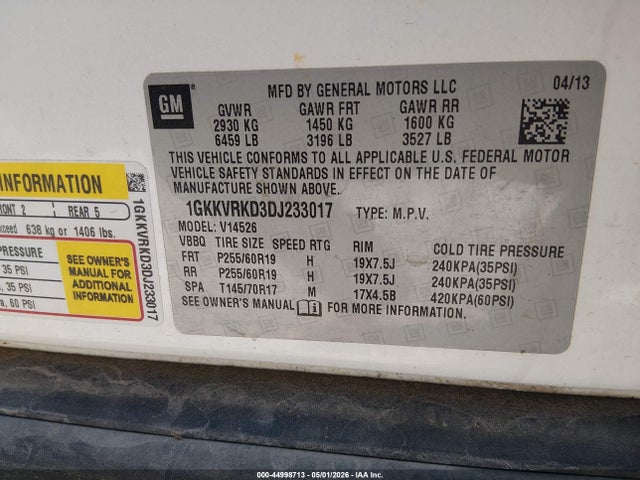 44998713 :رقم المزاد ، 1GKKVRKD3DJ233017 vin ، 2013 Gmc Acadia Slt-1 مزاد بيع