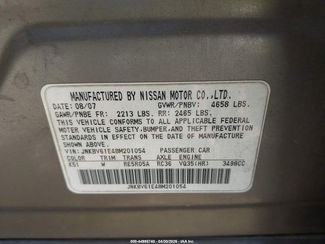 Продажа на аукционе авто 2008 Infiniti G35 Journey, vin: JNKBV61E48M201054, номер лота: 44998740