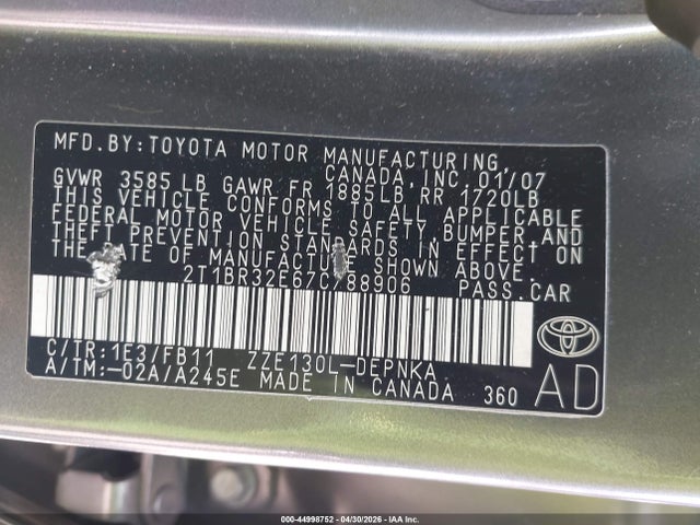 44998752 :رقم المزاد ، 2T1BR32E67C788906 vin ، 2007 Toyota Corolla Le مزاد بيع