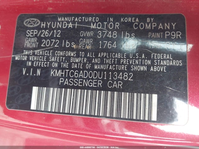 Aukcja sprzedaży 2013 Hyundai Veloster Base W/gray, vin: KMHTC6AD0DU113482, numer aukcji: 44998756