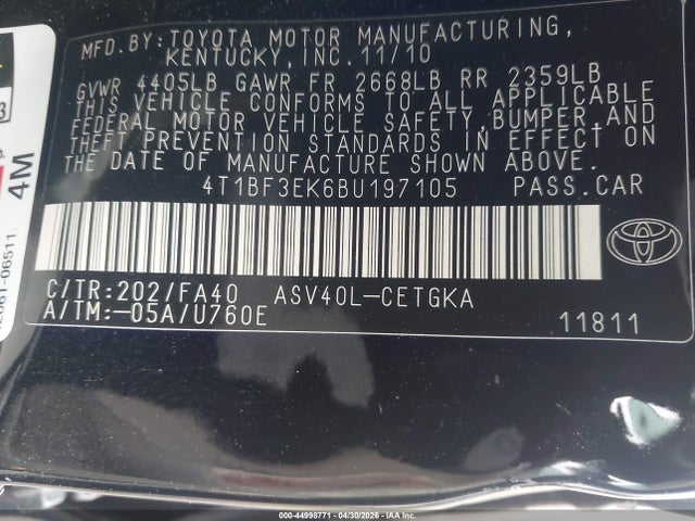 Aukcja sprzedaży 2011 Toyota Camry Xle, vin: 4T1BF3EK6BU197105, numer aukcji: 44998771