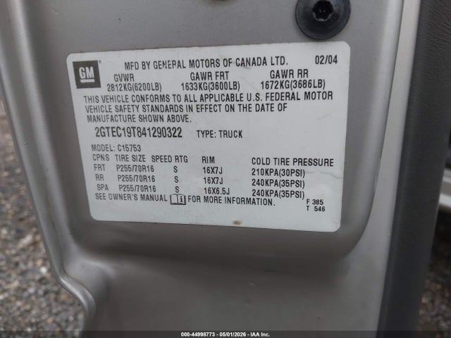 Продаж на аукціоні авто 2004 Gmc Sierra 1500 Sle, vin: 2GTEC19T841290322, номер лоту: 44998773