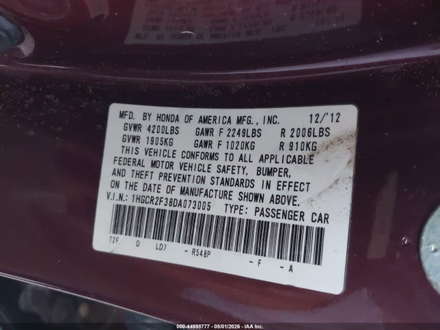 Aukcja sprzedaży 2013 Honda Accord Lx, vin: 1HGCR2F38DA073005, numer aukcji: 44998777