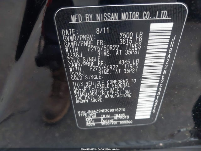 Aukcja sprzedaży 2012 Infiniti Qx56, vin: JN8AZ2NE2C9016215, numer aukcji: 44998778