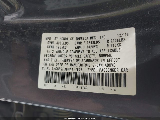44998780 :رقم المزاد ، 1HGCR2F36HA117928 vin ، 2017 Honda Accord Lx مزاد بيع