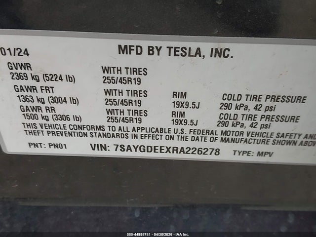 Aukcja sprzedaży 2024 Tesla Model Y Long Range Dual Motor All-wheel Drive, vin: 7SAYGDEEXRA226278, numer aukcji: 44998781