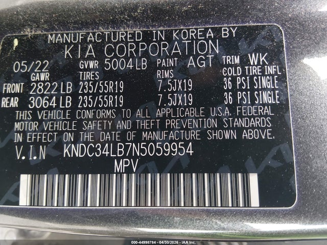Продажа на аукционе авто 2022 Kia Ev6 Light, vin: KNDC34LB7N5059954, номер лота: 44998784