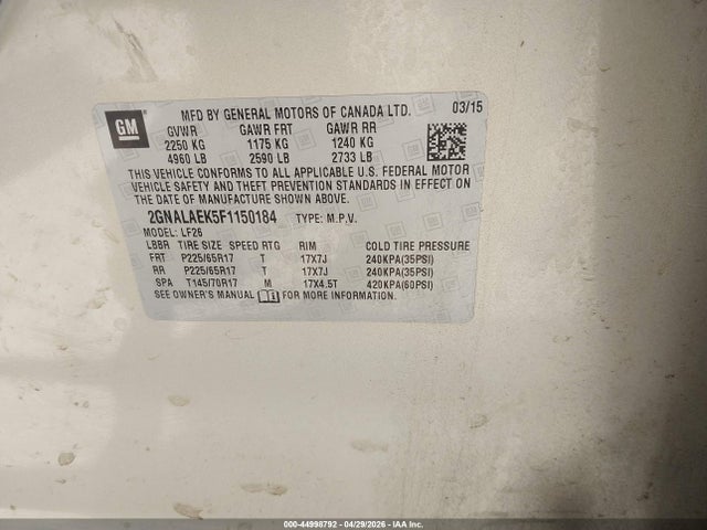 2015 Chevrolet Equinox Ls მანქანა იყიდება აუქციონზე, vin: 2GNALAEK5F1150184, აუქციონის ნომერი: 44998792