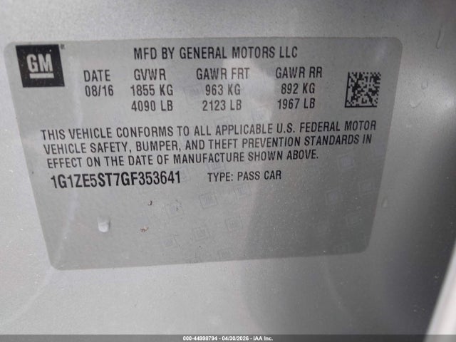 Auction sale of the 2016 Chevrolet Malibu 1lt, vin: 1G1ZE5ST7GF353641, lot number: 44998794