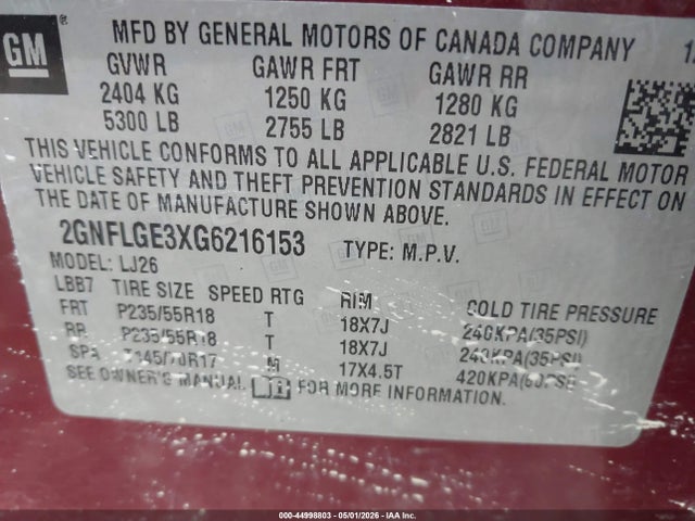 Продажа на аукционе авто 2016 Chevrolet Equinox Ltz, vin: 2GNFLGE3XG6216153, номер лота: 44998803