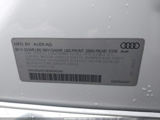 44998809 :رقم المزاد ، WAURGAFD3EN006546 vin ، 2014 Audi A8 L 3.0t مزاد بيع
