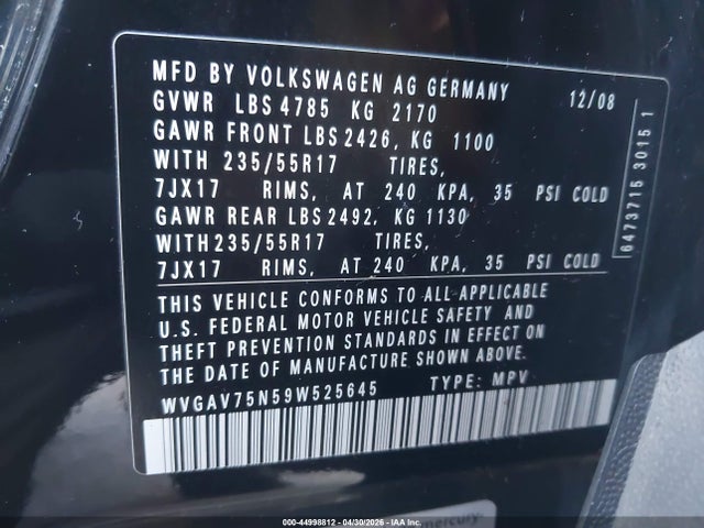 Auction sale of the 2009 Volkswagen Tiguan Se, vin: WVGAV75N59W525645, lot number: 44998812